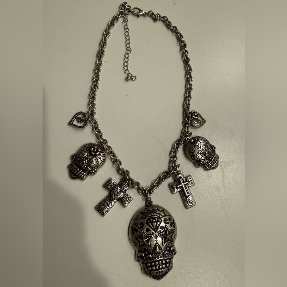Gothic Silver Skull and Cross Necklace